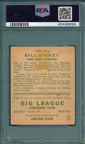 1933 Goudey #19 Bill Dickey PSA 2