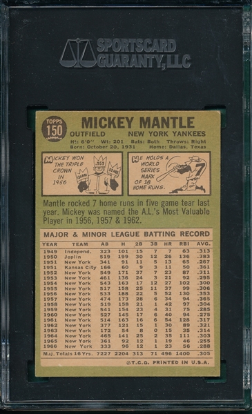 1967 Topps #150 Mickey Mantle SGC 3