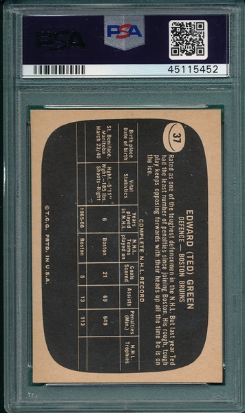 1966 Topps HCKY USA Test #37 Ted Green PSA 4