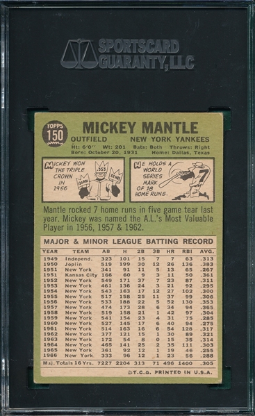 1967 Topps #150 Mickey Mantle SGC 4