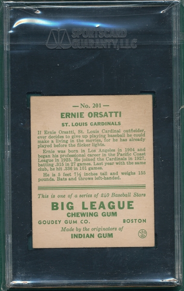 1933 Goudey #201 Ernie Orsatti SGC 70 