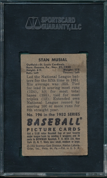 1952 Bowman #196 Stan Musial SGC 3