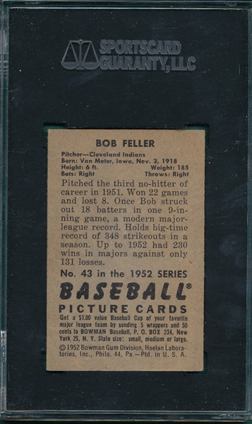 1952 Bowman #43 Bob Feller SGC 60