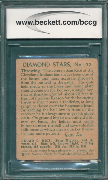 1934-36 Diamond Stars #32 Sam Rice BCCG 