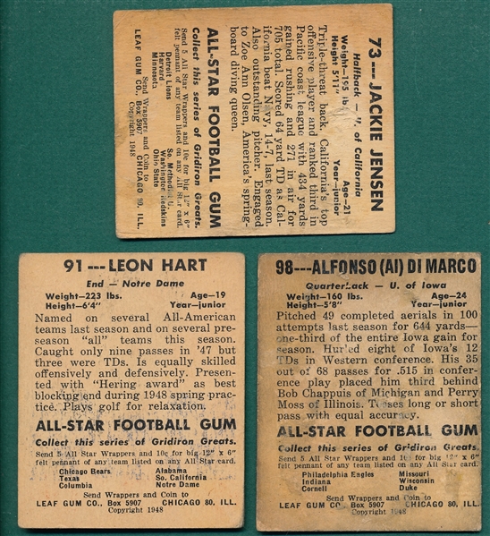 1948 Leaf FB #73 Jensen, #91 Hart & #98 DiMarco, Lot of (3)