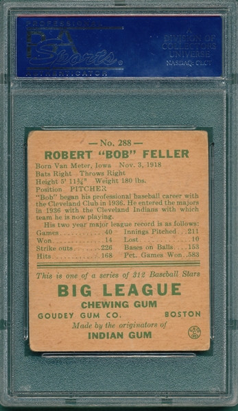 1938 Goudey #288 Bob Feller PSA 3 (MK) 