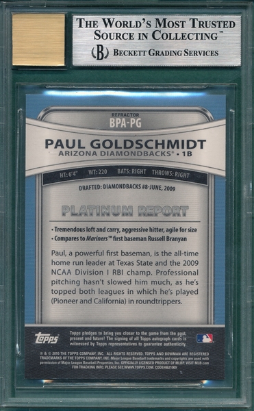 2010 Bowman Platinum Paul Goldschmidt, Refractors, Prospect Autographs Beckett 9/10 *Rookie*