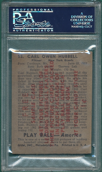 1939 Play Ball #53 Carl Hubbell PSA 4 *Sample Card*