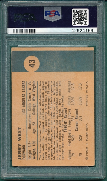 1961 Fleer BSKT #43 Jerry West PSA 1 *Rookie*