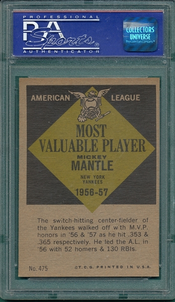 1961 Topps #475 Mickey Mantle, MVP, PSA 6