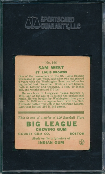 1933 Goudey #166 Sam west SGC 55