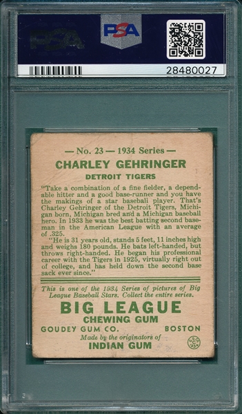 1934 Goudey #23 Charley Gehringer PSA 1