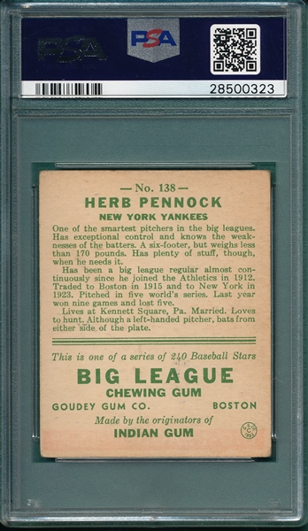 1933 Goudey #138 Herb Pennock PSA 2