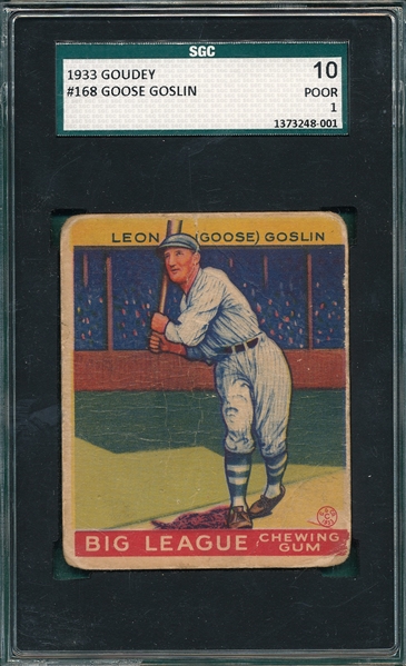 1933 Goudey #168 Goose Goslin SGC 10