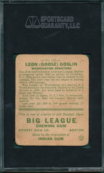 1933 Goudey #168 Goose Goslin SGC 10