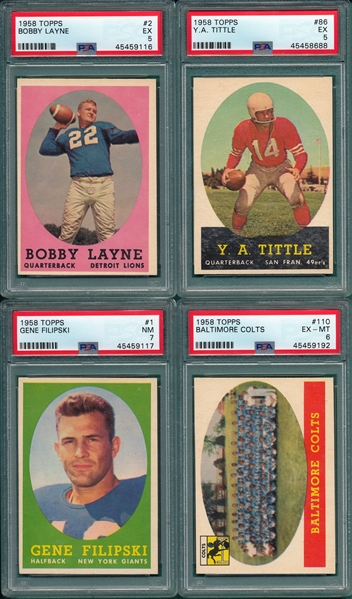 1958 Topps FB Lot of (4) W/ #2 Bobby Layne PSA