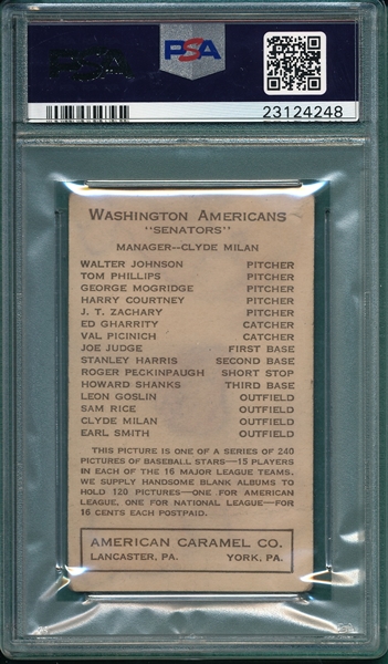 1922 E120 Johnson, Walter, American Caramel Co. PSA 3