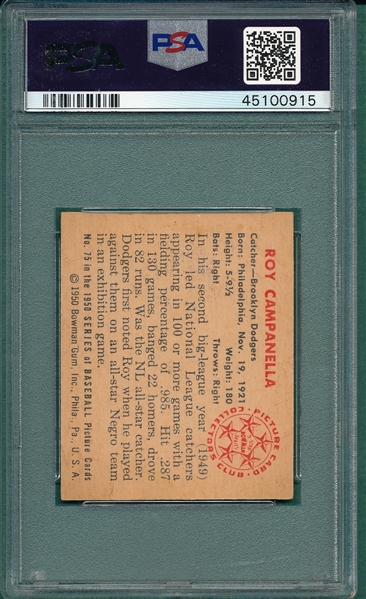 1950 Bowman #75 Roy Campanella PSA 6
