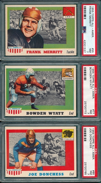 1955 Topps All American FB #65 Donchess, #55 Merritt & #77 Wyatt, Lot of (3), PSA 7