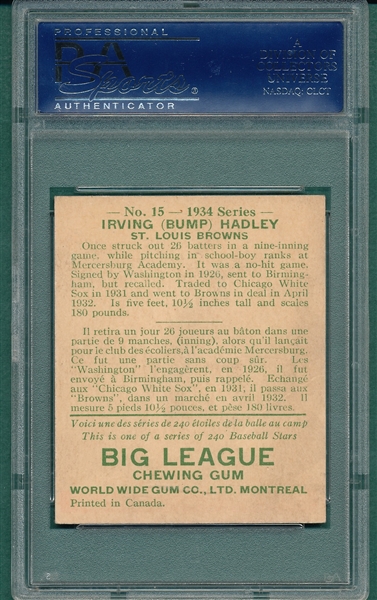 1934 World Wide Gum #15 Bump Hadley PSA 4.5