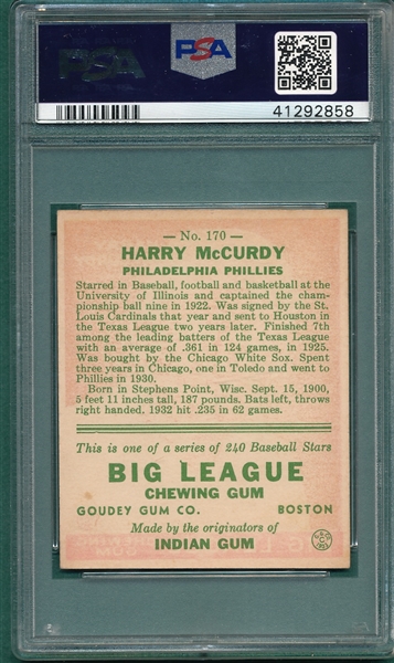 1933 Goudey #170 Harry McCurdy PSA 6