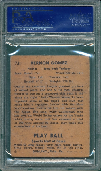 1941 Play Ball #72 Lefty Gomez PSA 4