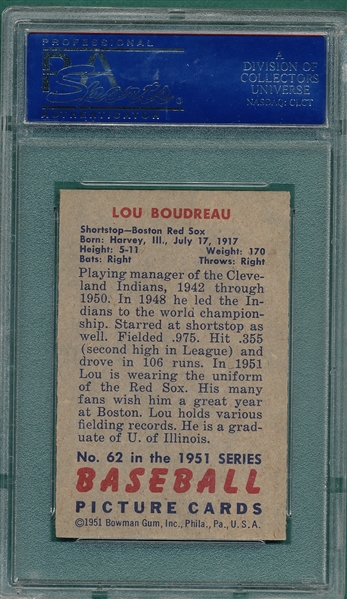 1951 Bowman #62 Lou Boudreau PSA 8