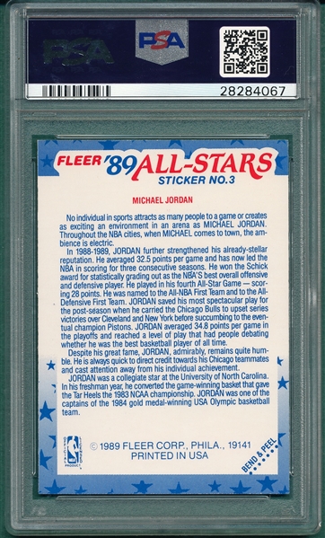 1989 Fleer Basketball Sticker #3 Michael Jordan PSA 9 *MINT*