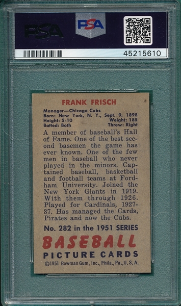 1951 Bowman #282 Frank Frisch PSA 7 *Hi #*