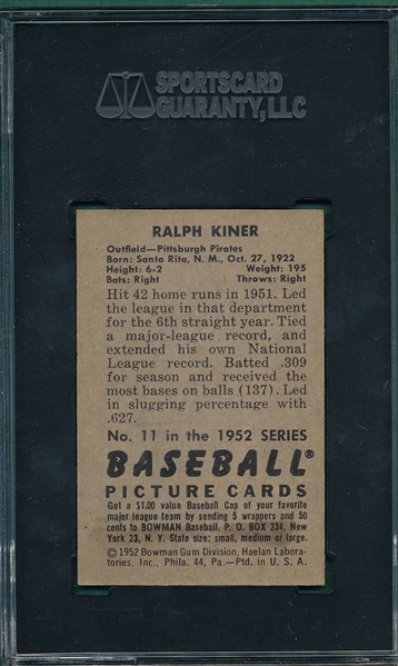 1952 Bowman #11 Ralph Kiner SGC 6