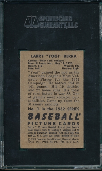 1952 Bowman #1 Yogi Berra SGC 60
