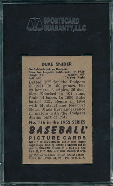 1952 Bowman #116 Duke Snider SGC 80