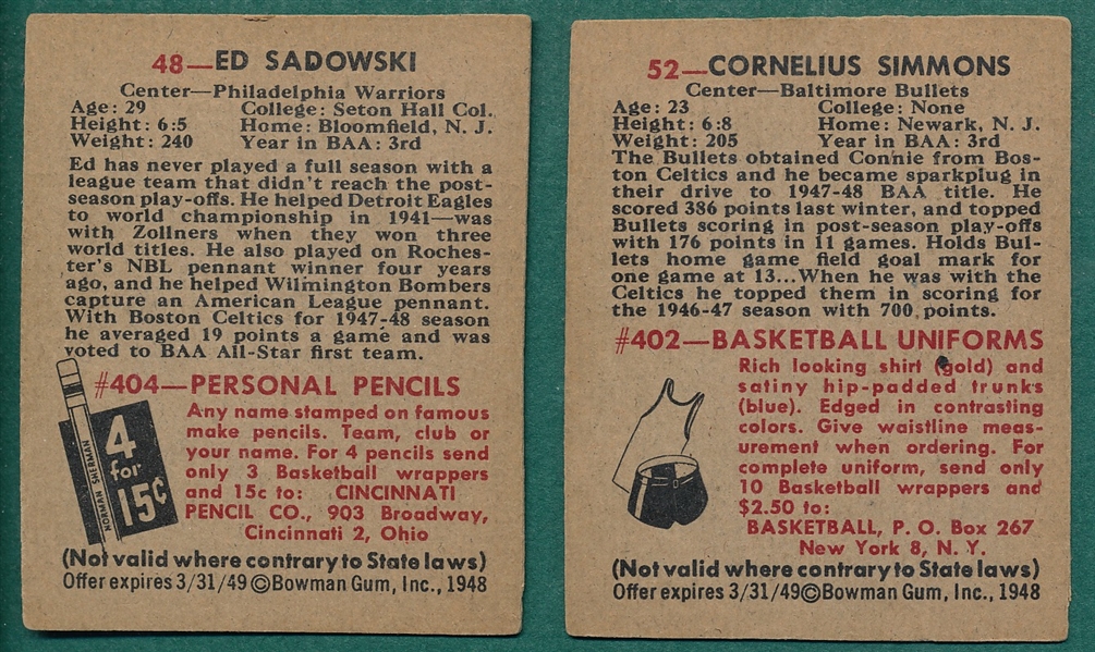 1948 Bowman Basketball #48 Sadowski, & #52 Simmons , Lot of (2) 