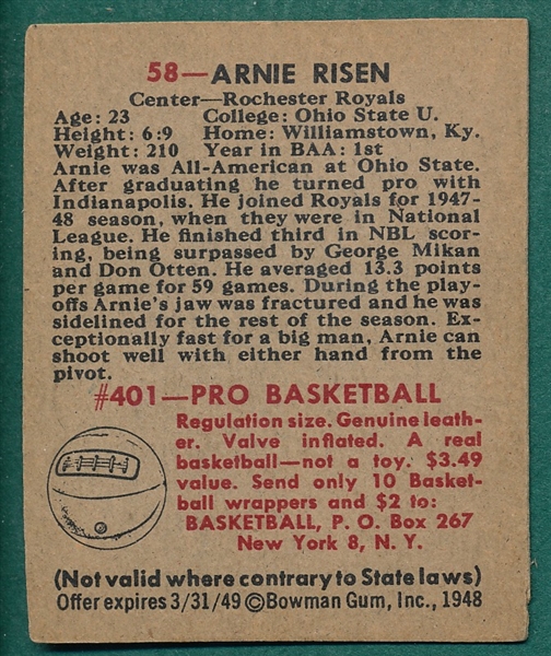 1948 Bowman Basketball #58 Arnie Risen