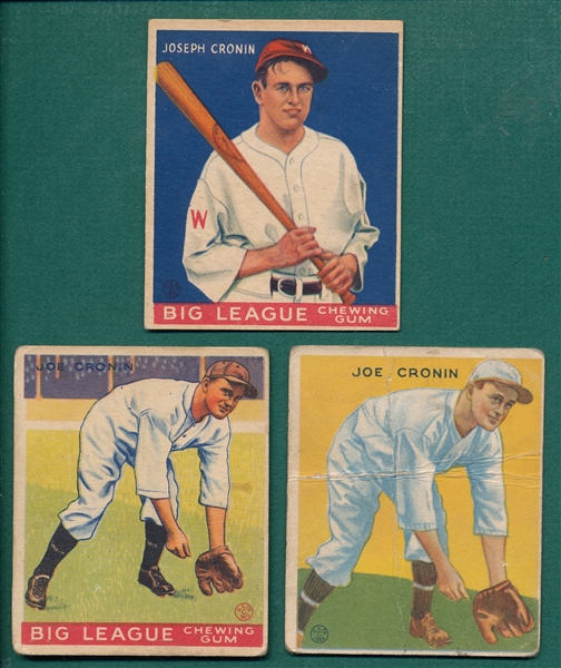 1933 Goudey #63, #109 & #189 Joe Cronin's, Lot of (3)