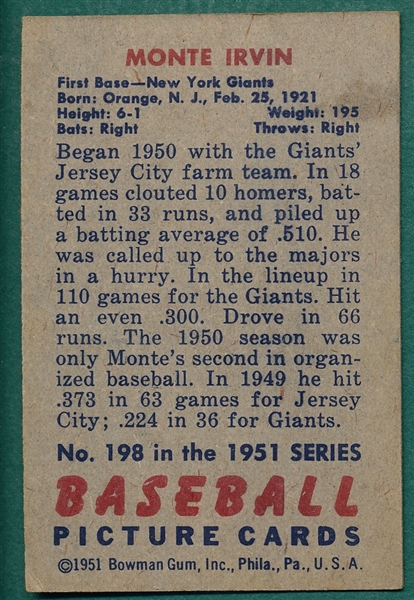 1951 Bowman #198 Monte Irvin *Rookie*