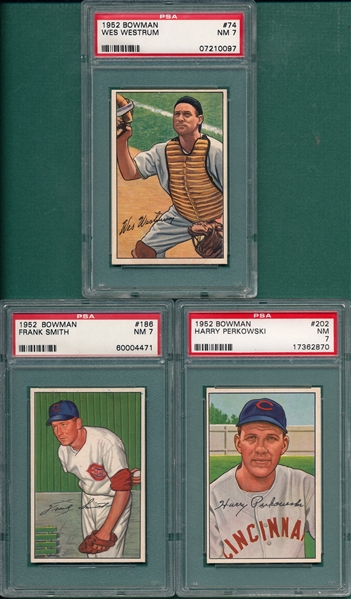 1952 Bowman #074 Westrum, #186 Smith & #202 Perkowski, Lot of (3) PSA 7