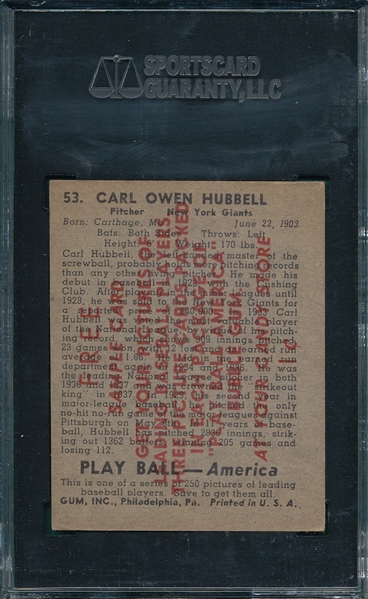 1939 Play Ball #53 Carl Hubbell SGC 60 *Sample*