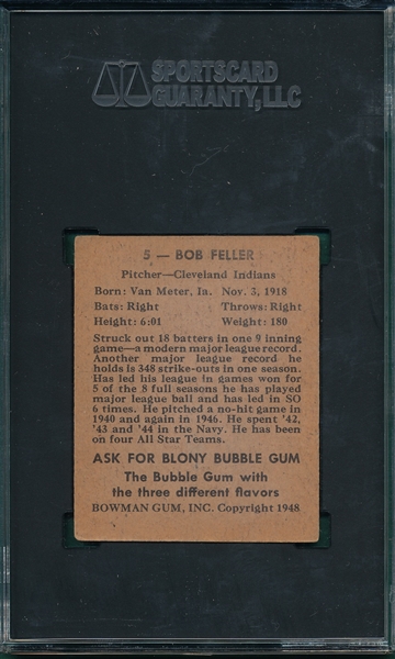 1948 Bowman #5 Bob Feller SGC 4