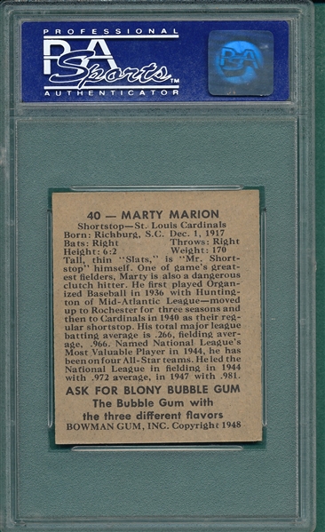 1948 Bowman #40 Marty Marion PSA 7 *Rookie*