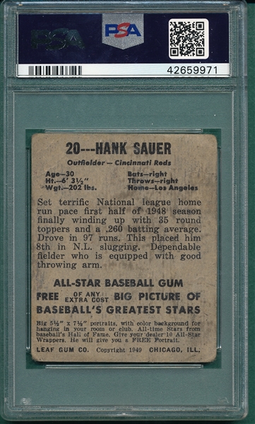 1948 Leaf #20 Hank Sauer PSA 2 *SP*