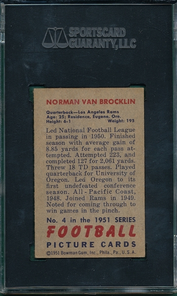 1951 Bowman FB #4 Norman Van Brocklin SGC 3 *Rookie*