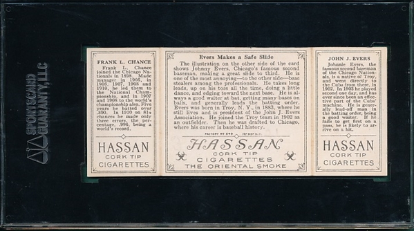 1912 T202 Evers Makes a Safe Slide, Evers/Chance Hassan Cigarettes SGC 2