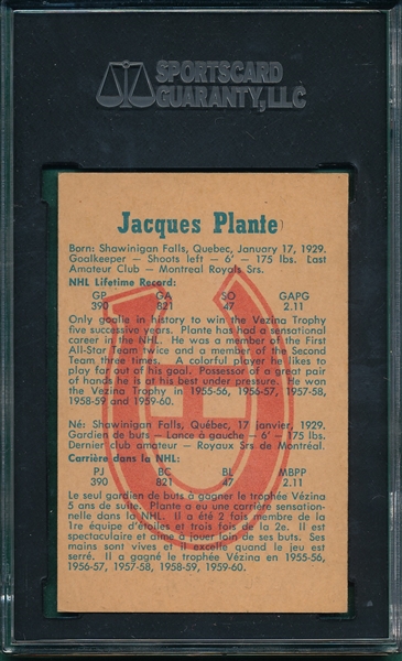 1960-61 Parkhurst #53 Jacques Plante SGC 4
