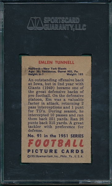 1951 Bowman FB #91 Emlen Tunnell SGC 84 *Rookie*