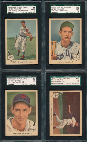 1959 Fleer Ted Williams Lot of (4) W/ #12 1939 - Burning Up The Minors, SGC 88 