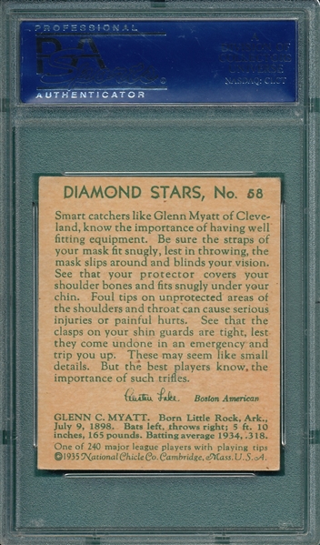 1934-36 Diamond Stars #58 Glenn Myatt PSA 5