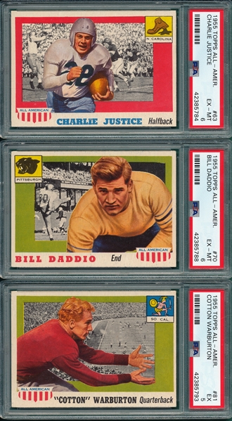 1955 Topps All American #63 justice, #70 Daddio & #81 Warburton, Lot of (3) PSA