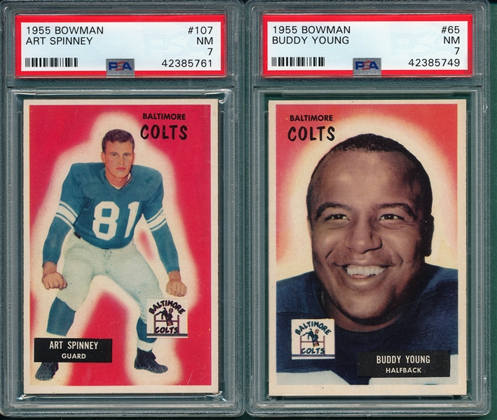 1955 Bowman FB #65 Young & #107 Spinney, Lot of (2) PSA 7
