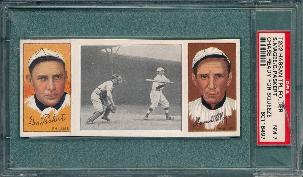 1912 T202 Chase Ready For Squeeze, Paskert/Magee, Hassan Cigarettes PSA 7